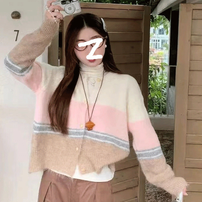 Striped Color-Blocked Mohair Knit Cardigan for Women, Sweet Soft Versatile Youthful Outerwear Top