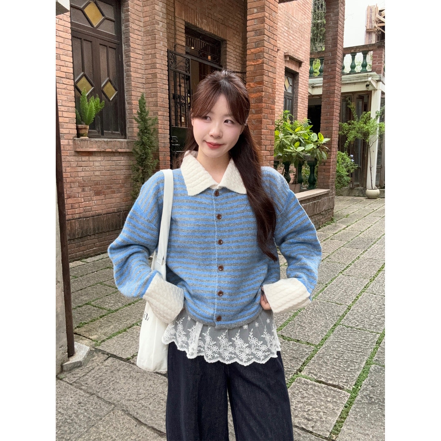 Chic Stripe Turn-Down Collar Knit Cardigan for Women, Loose Casual Polo Neck Sweater Coat, Autumn Style