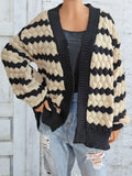 Ladies' Knit Cardigan Coat,Color-blocked Pineapple 3D Pattern Striped Knit Open Front Sweater