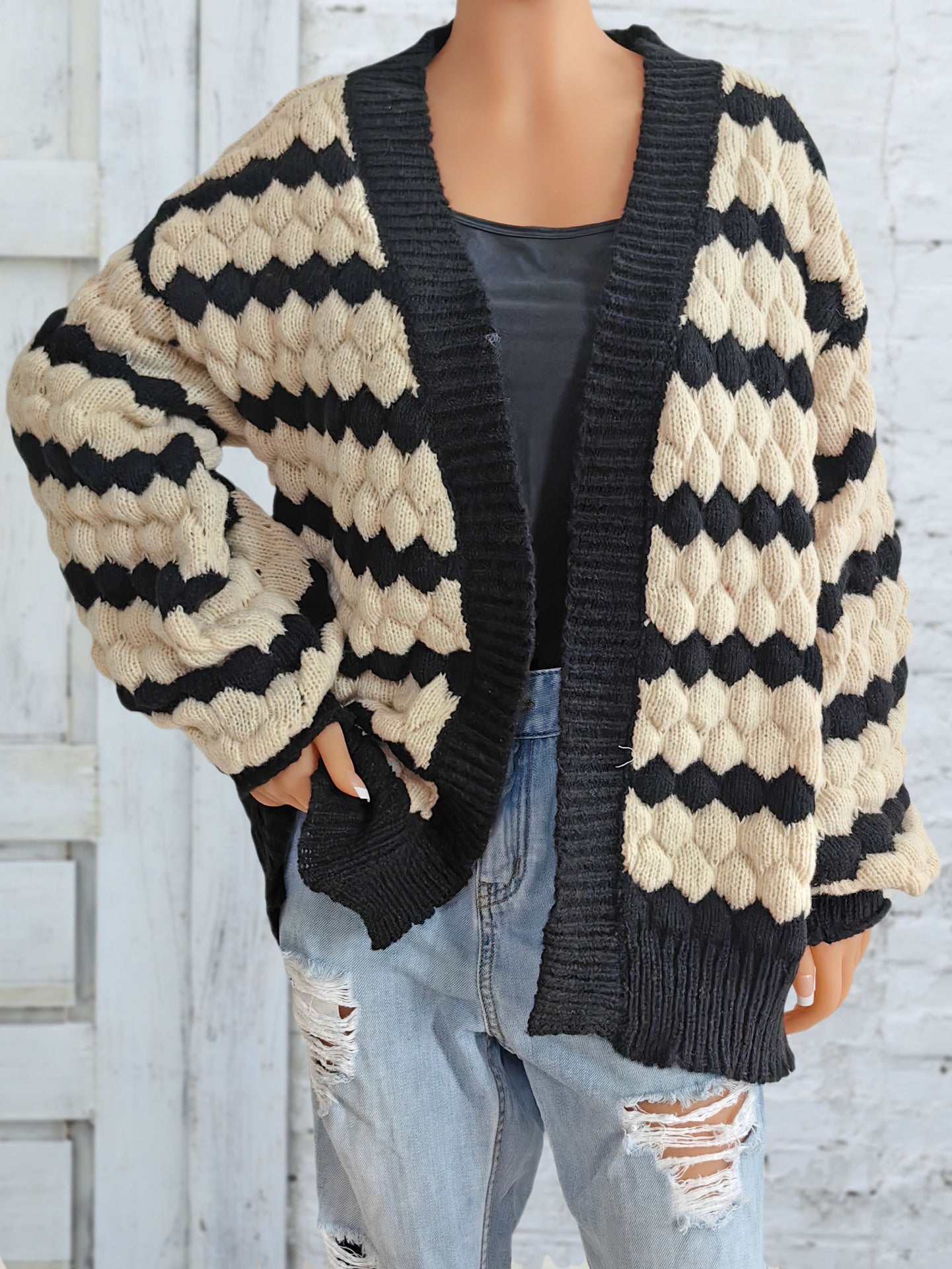 Ladies' Knit Cardigan Coat,Color-blocked Pineapple 3D Pattern Striped Knit Open Front Sweater