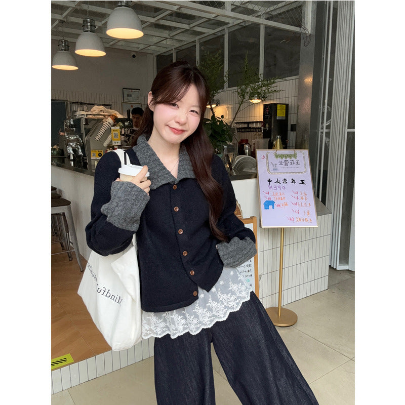 Chic Stripe Turn-Down Collar Knit Cardigan for Women, Loose Casual Polo Neck Sweater Coat, Autumn Style