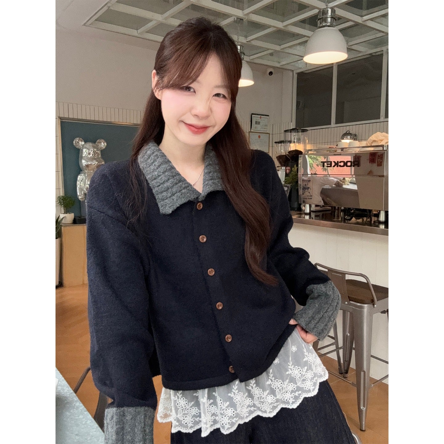 Chic Stripe Turn-Down Collar Knit Cardigan for Women, Loose Casual Polo Neck Sweater Coat, Autumn Style