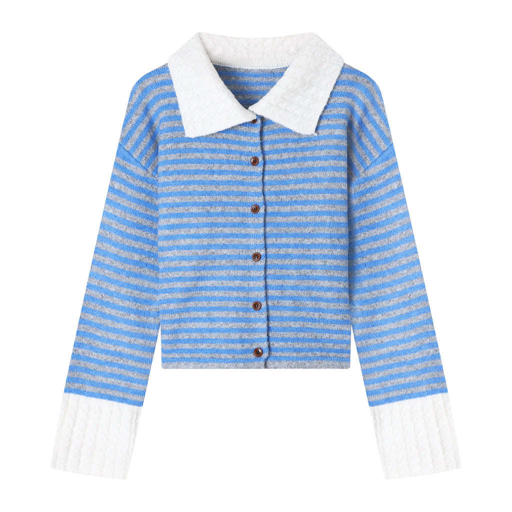 Chic Stripe Turn-Down Collar Knit Cardigan for Women, Loose Casual Polo Neck Sweater Coat, Autumn Style