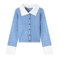 Chic Stripe Turn-Down Collar Knit Cardigan for Women, Loose Casual Polo Neck Sweater Coat, Autumn Style