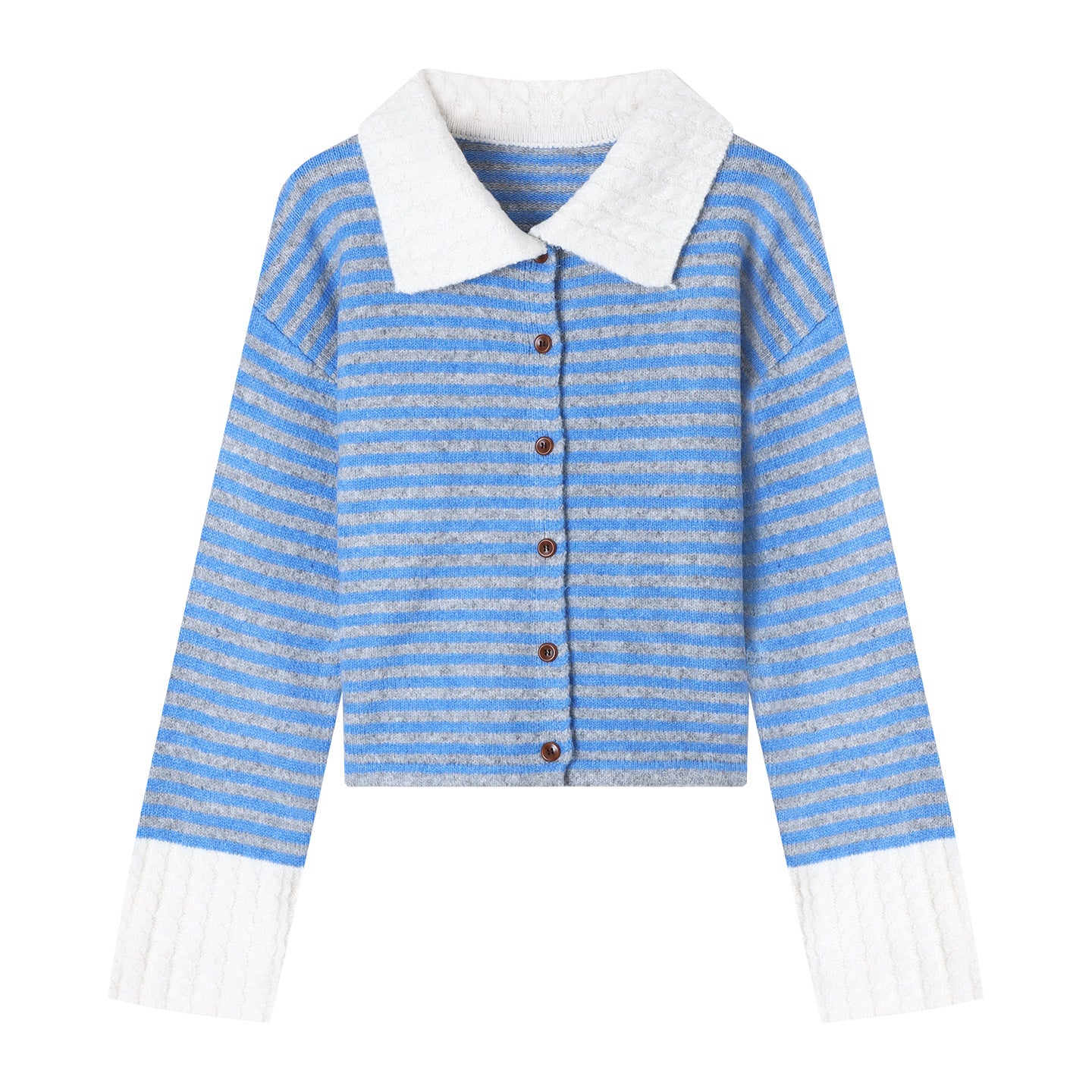 Chic Stripe Turn-Down Collar Knit Cardigan for Women, Loose Casual Polo Neck Sweater Coat, Autumn Style