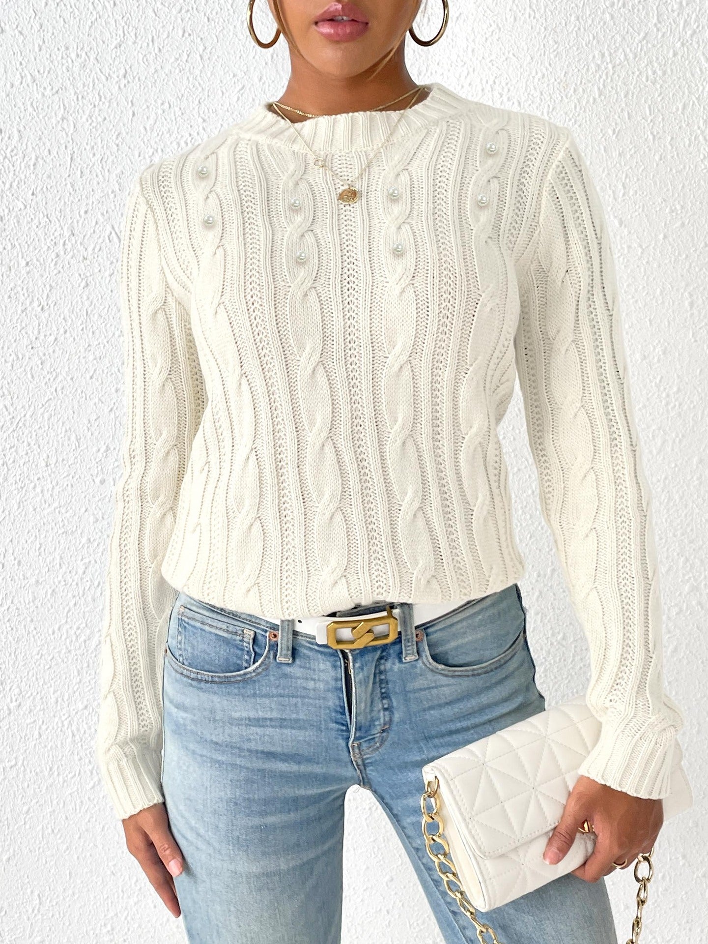 Women's Sweater Round Neck Pullover Simple Basic Pearl Beaded Knit Top