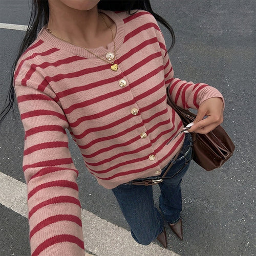 Cardigan loose striped round neck sweater