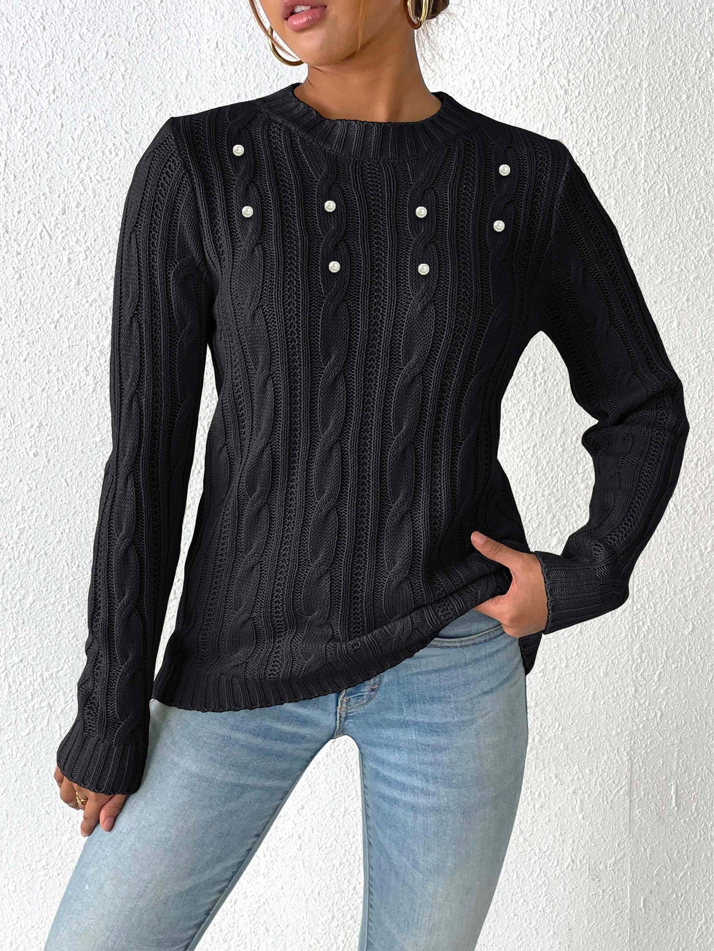 Women's Sweater Round Neck Pullover Simple Basic Pearl Beaded Knit Top