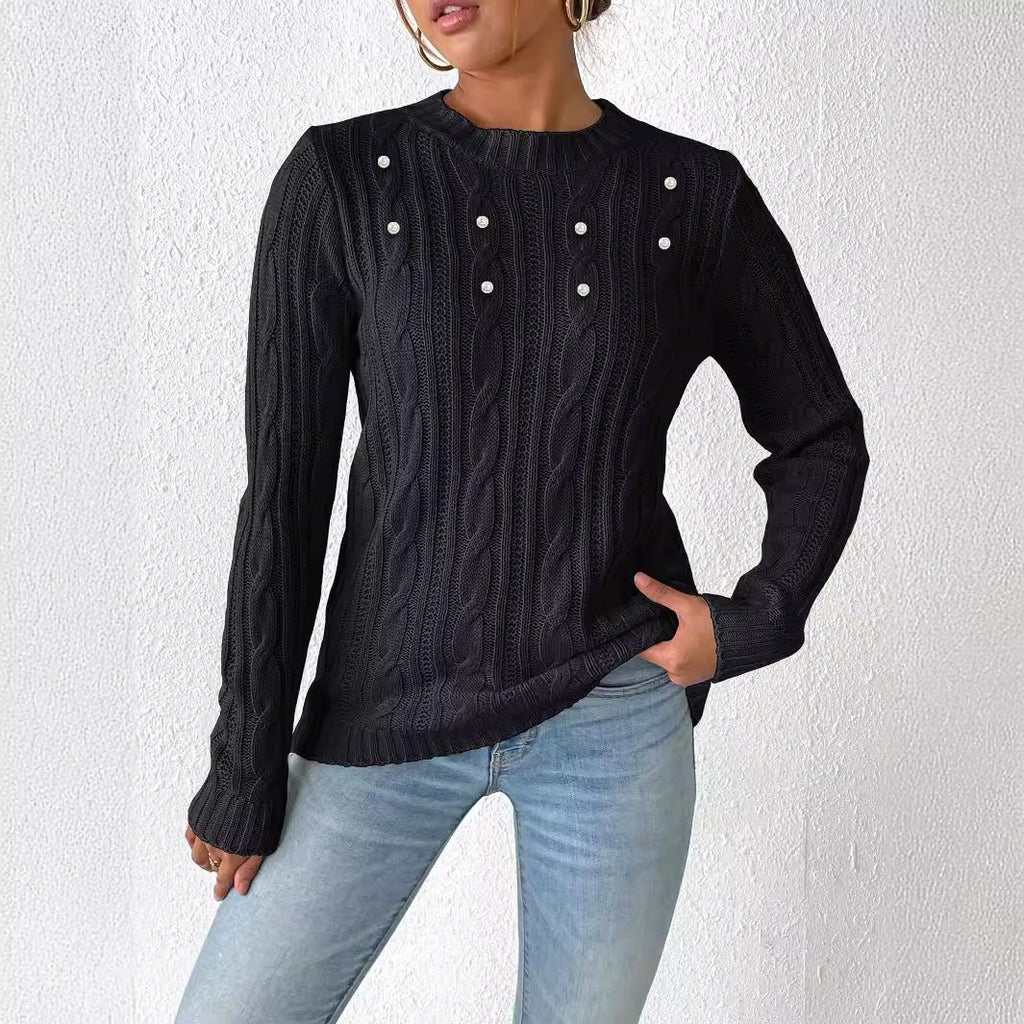 Women's Sweater Round Neck Pullover Simple Basic Pearl Beaded Knit Top