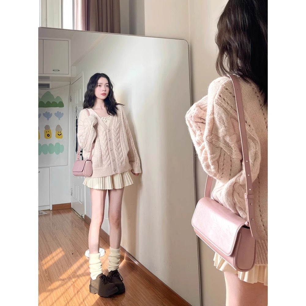 Pink Cable Knit V-Neck Sweater Coat for Women, Autumn and Spring, Loose Fit, Long Sleeve, Knitted Cardigan, Chic Fashion Top