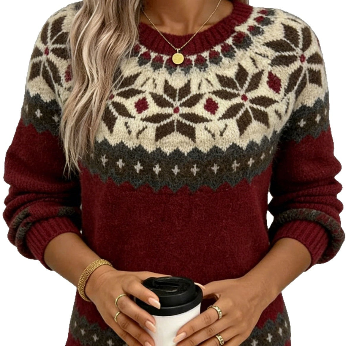 Jacquard Sweater for Women, Autumn/Winter, Round Neck, Pullover Knitwear, Loose Fit, Slimming, Casual Sweater