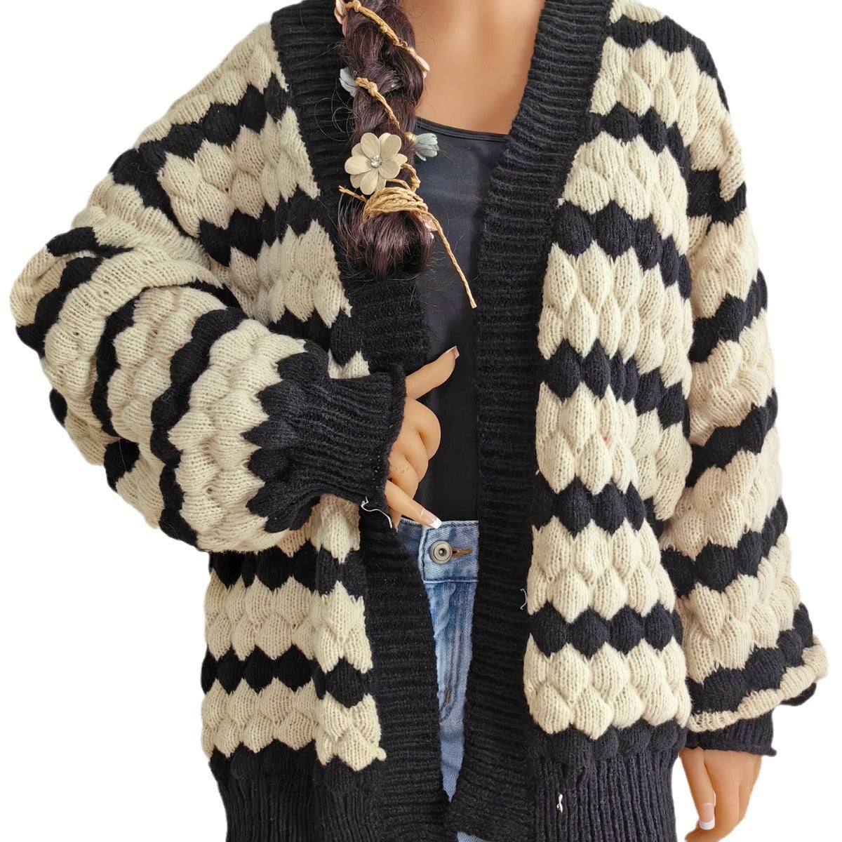 Ladies' Knit Cardigan Coat,Color-blocked Pineapple 3D Pattern Striped Knit Open Front Sweater
