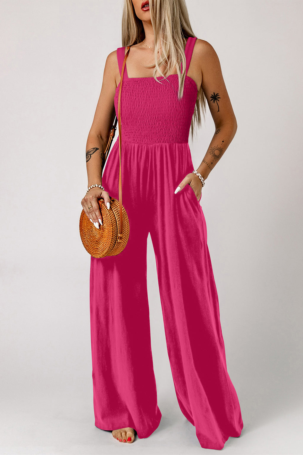 Rose Red Smocked Square Neck Sleeveless Jumpsuit with Pockets