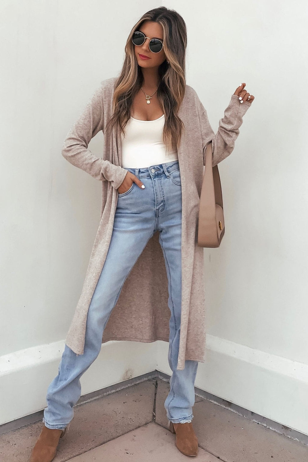 Parchment Solid Color Long Sleeve Casual Tunic Shift Cardigan